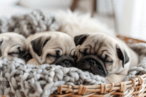 Charming pug puppies snoozing in a basket, cuddled up together, emitting tiny snorts and snores photo