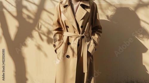 A classic trench coat, tailored to perfection and cinched at the waist for a flattering silhouette. photo