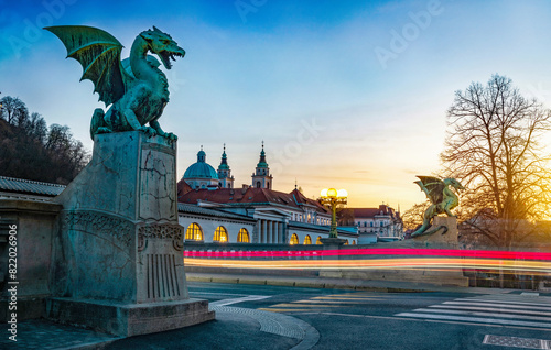  Dragon bridge symbol of Ljubljana, capital of Slovenia, Europe. Long exposure. Time lapse.  Ljubljana, Slovenia. photo