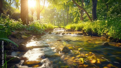 A clear stream flowing through a peaceful  sun-dappled forest.