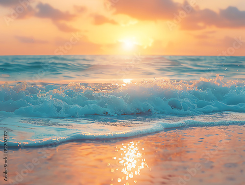 Stunning beach sunset, waves gently caressing the shore, close up, tranquility, realistic, overlay, tropical paradise backdrop