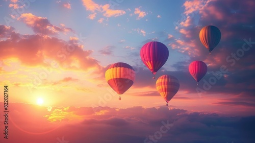 A cluster of hot air balloons floating gracefully against a sunset sky.