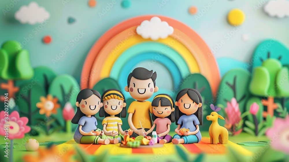 3D cartoon of a diverse LGBTQ family enjoying a picnic in a minimalist setting, with a rainbow in the background Generative AI 3D cartoon of a diverse LGBTQ family enjoying a picnic in a minimalist setting, with a rainbow in the background Generative AI