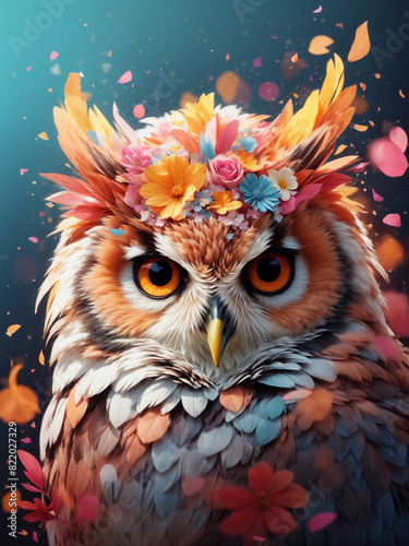 Colorful owl surrounded by flowers.AI generated © Digital Art Studio