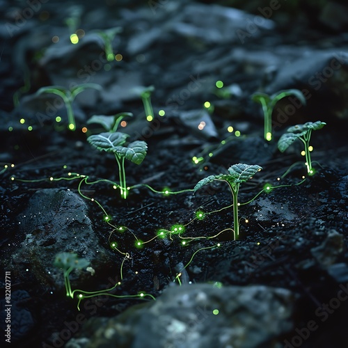 Emerging seedlings glowing in the night forest with bioluminescent light. Mesmerizing natural phenomenon of young plants illuminating the dark soil. photo