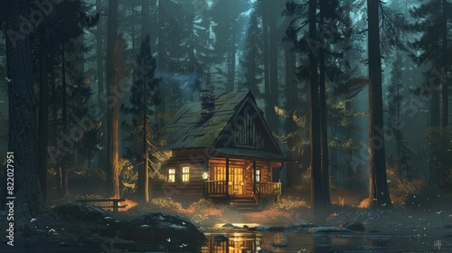 A cozy cabin in the woods, surrounded by towering trees and the sound of chirping birds. photo