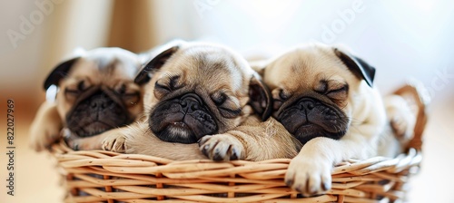 Cute pug puppies sleeping peacefully in a basket, snuggled together with audible snorts and snores photo