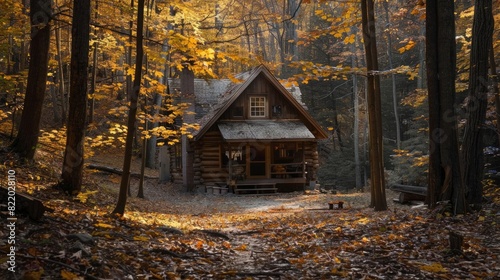 A cozy cabin in the woods, surrounded by autumn foliage and the sound of rustling leaves.