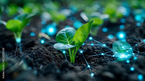 Innovative smart agriculture concept with connected technology enhancing plant growth in a lush green field showcasing digital advancements. photo