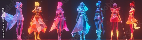 (Style game assets, feminist art, low poly, blacklight:) Feminist-inspired game characters in a low poly style, illuminated by blacklight.