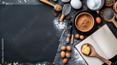 Top view of baking ingredients on a dark background.