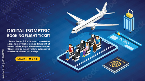 Digital isometric booking flight ticket on blue background.