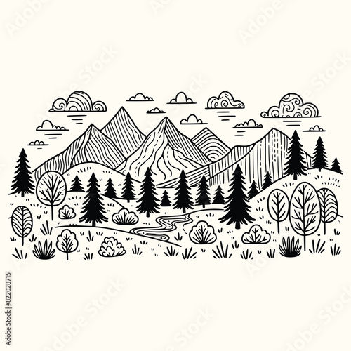 mountain landscape doodle hand drawn illustation