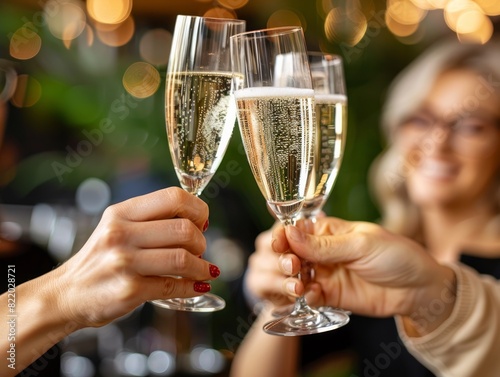 Four hands clink champagne glasses in celebration  evoking joy  connection  and festivity