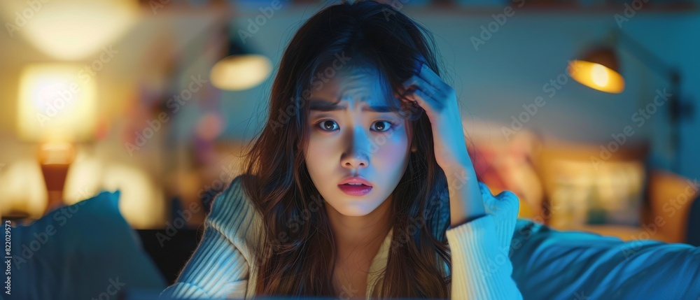 Young woman looking stressed while working late at night on her laptop, illuminated by warm desk lamps in a cozy room. Young woman looking stressed while working late at night on her laptop, illuminated by warm desk lamps in a cozy room.