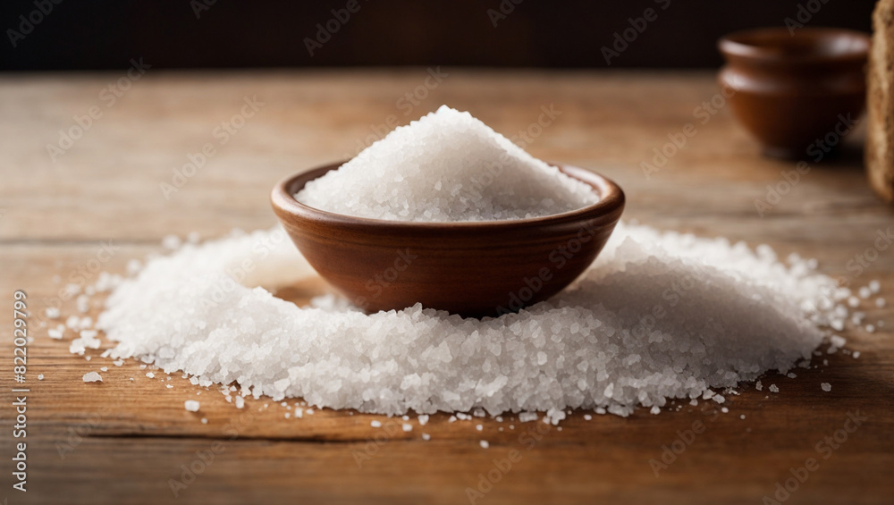 Lots of salt in cups placed on wooden table There is light falling on it.AI generated