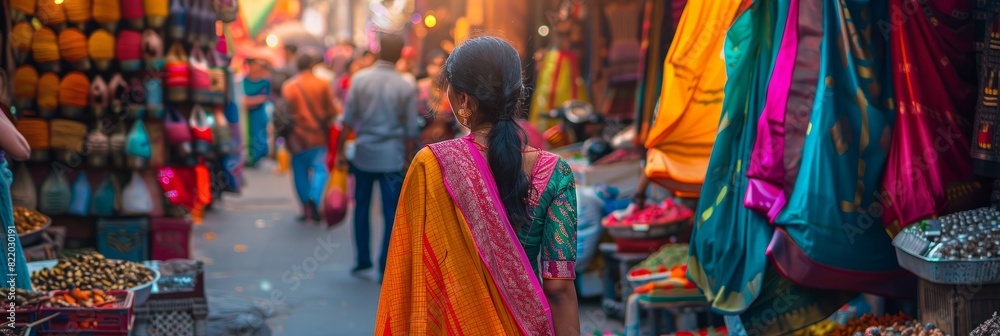 A young Indian woman in a vibrant sari walks through a bustling market