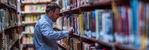 A man reaching for a book on a library shelf with various books around him