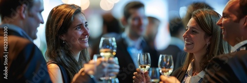 Group of business professionals engaged in animated discussions at a table with wine glasses during a cocktail reception event