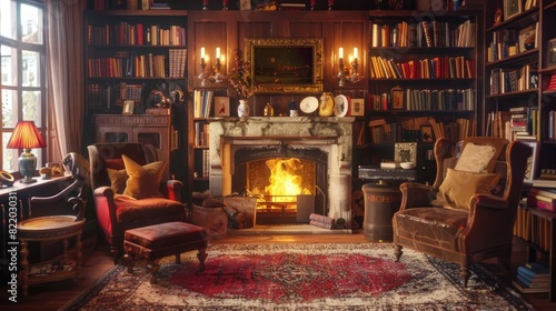 A cozy living room with a crackling fireplace, inviting armchairs, and shelves filled with old books and antiques.