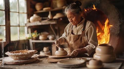 A rustic studio where a skilled ceramicist uses a wood kiln, creating timeless art with a warm glow. photo