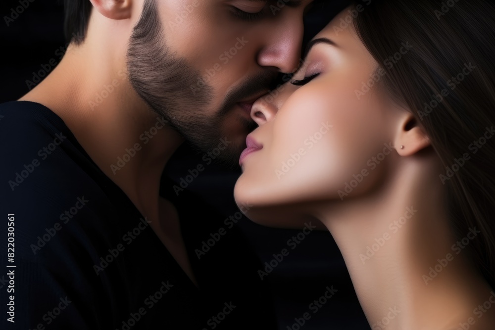 A close-up of a romantic couple about to kiss, conveying love and passion. Couple Sharing Intimate Moment in Darkness A close-up of a romantic couple about to kiss, conveying love and passion. Couple Sharing Intimate Moment in Darkness