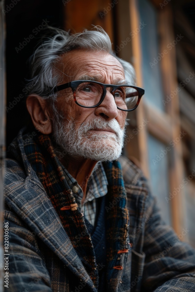 Elderly man in plaid coat and glasses Elderly man in plaid coat and glasses