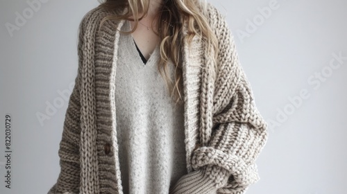 A cozy, oversized cardigan in a chunky knit, perfect for layering in colder weather. photo