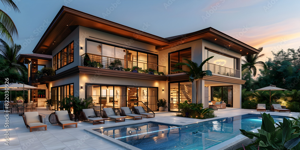 Luxurious modern villa at twilight with pool and palm trees Exquisite contemporary houses situated within a suburban neighborhood of Florida.