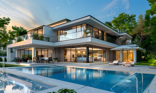 Ultra wide angle view of a modern villa and a luxurious infinity pool with a reflection of a sunset sky residential architecture 3d illustration of a newly built luxury home. © ABU