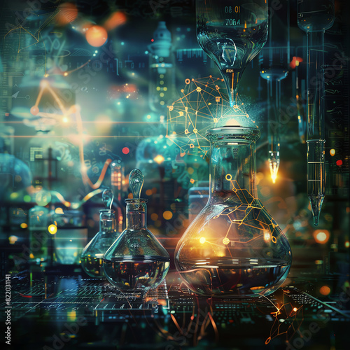 A futuristic laboratory scene with glassware and glowing elements depicting advanced scientific research and technology.
