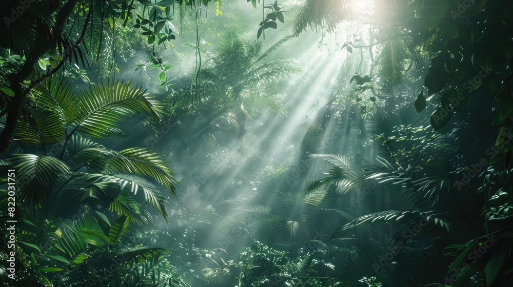 A dense, mist-covered jungle with sunlight piercing through the canopy.