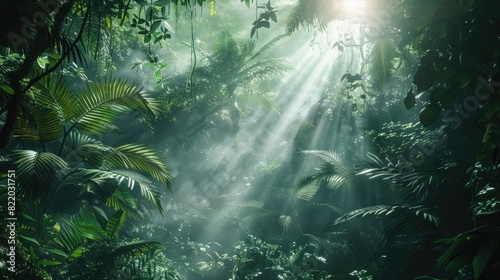 A dense  mist-covered jungle with sunlight piercing through the canopy.