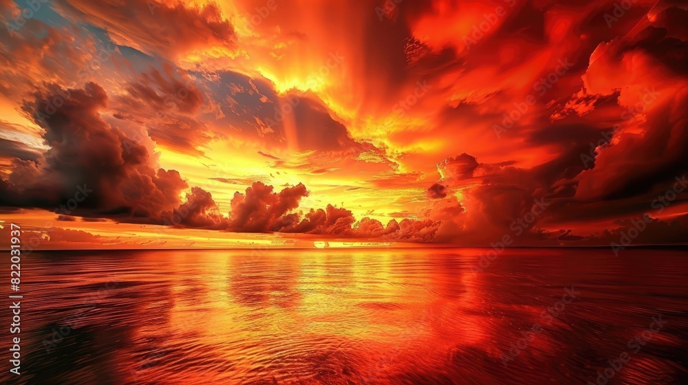 A dramatic, fiery sky at sunset over an ocean.