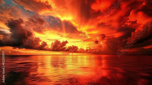 A dramatic  fiery sky at sunset over an ocean.