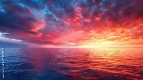 A dramatic  fiery sky at sunset over a calm ocean.
