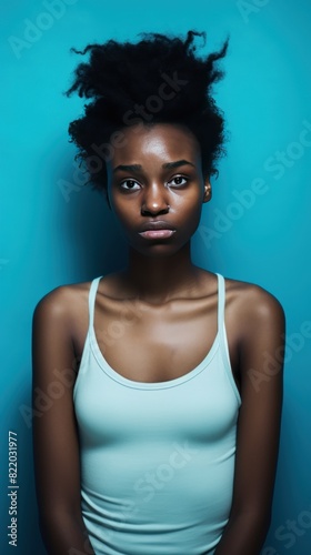 Blue background sad black independant powerful Woman realistic person portrait of young beautiful bad mood expression girl Isolated on Background racism skin color 