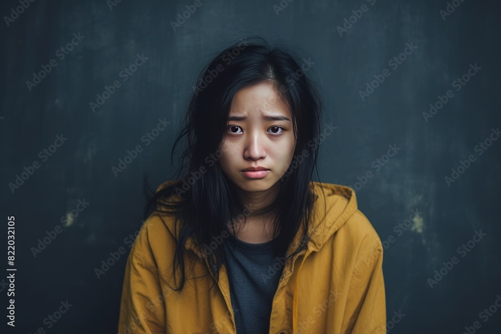 Bronze background sad Asian Woman Portrait of young beautiful bad mood expression Woman Isolated on Background depression anxiety fear burn out health issue problem 