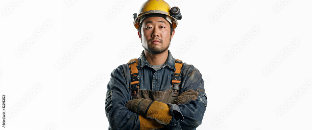 An Asian construction worker strikes a pose against a blank white background, clad in overalls, a helmet, and work gloves, Projecting strength and assurance. An Asian construction worker strikes a pose against a blank white background, clad in overalls, a helmet, and work gloves, Projecting strength and assurance.