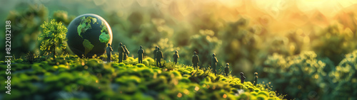 miniature people standing together in nature, sustainability concept, created with generative AI technology