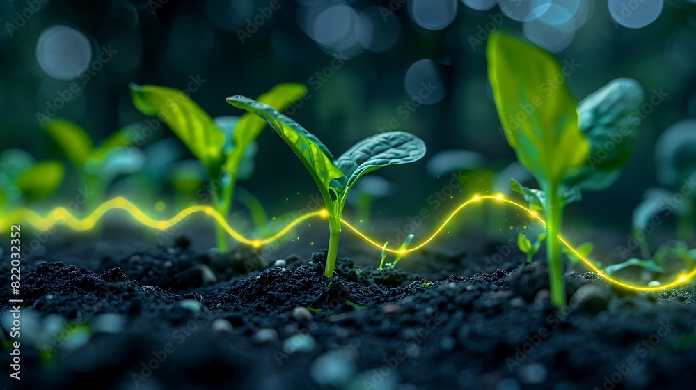 Young plants glowing with energy connected by neon light in healthy soil, symbolizing growth, technology, and sustainable agriculture. Young plants glowing with energy connected by neon light in healthy soil, symbolizing growth, technology, and sustainable agriculture.