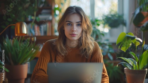 Young woman working on laptop in cozy indoor garden setting with plants and sunlight shining through the window.