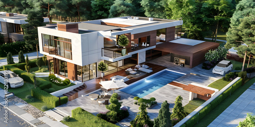 3d rendering of modern cozy house with pool and parking for sale or rent in luxurious style and beautiful landscaping on background. Clear summer evening with many stars on the sky.