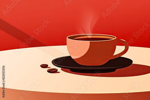 A warm cup of coffee with steam, placed on a saucer with coffee beans, against a vibrant red background in modern style with gradient colors.