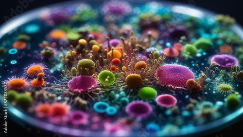 A petri dish with a variety of colorful plants and fungi growing in it.

 photo