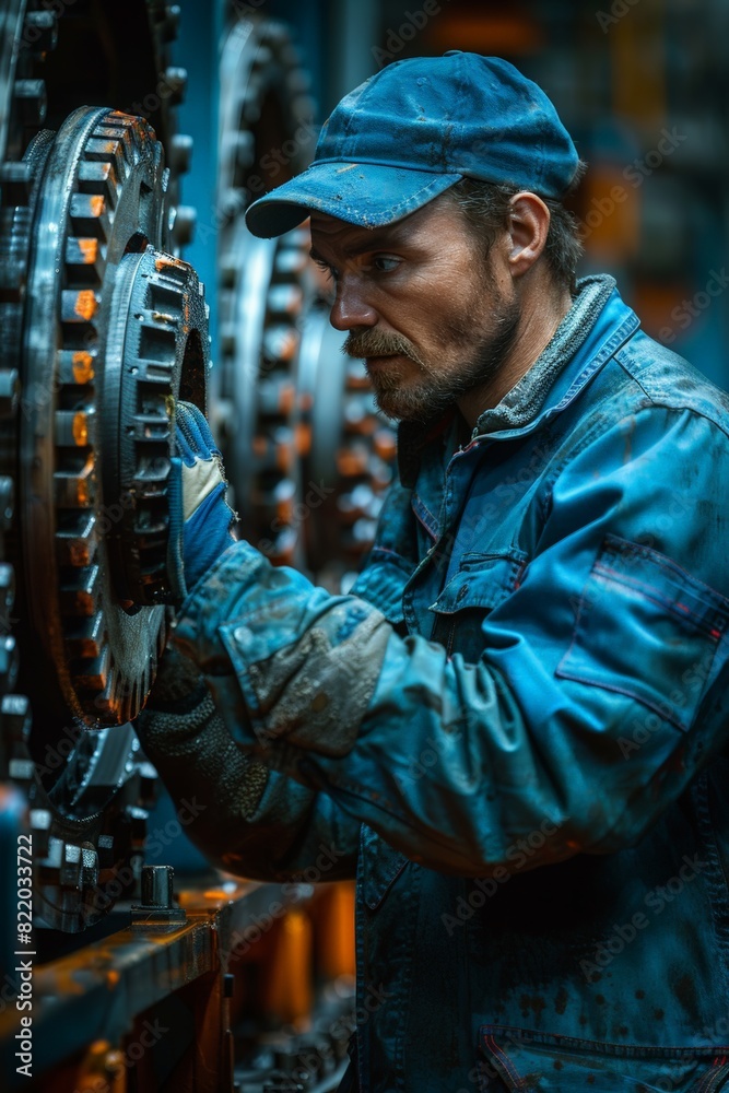 Technician inspecting gears in industrial factory Technician inspecting gears in industrial factory