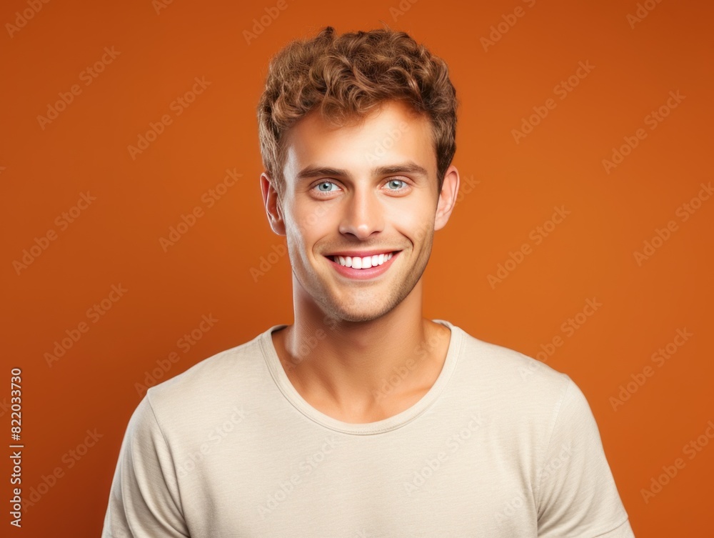 Brown background Happy european white man realistic person portrait of young beautiful Smiling man good mood Isolated on Background Banner 