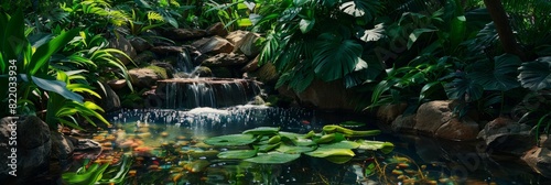 A pond surrounded by dense green vegetation with a waterfall cascading over rocks  creating a serene and refreshing atmosphere