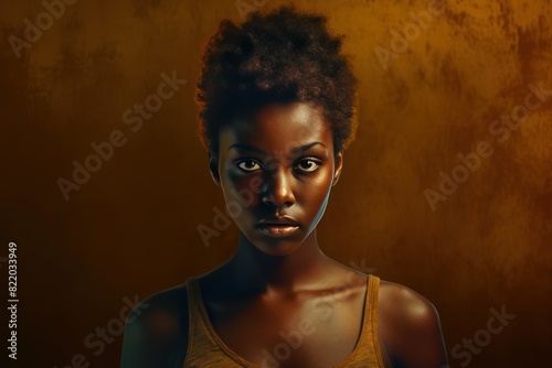 Bronze background sad black independant powerful Woman realistic person portrait of young beautiful bad mood expression girl Isolated on Background racism skin color depression 