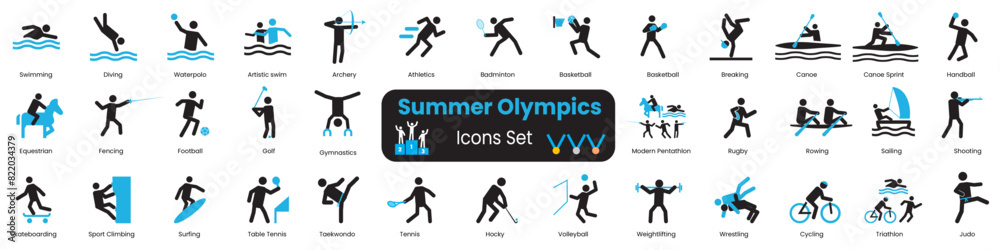 Fototapeta collection of sports icons. icons swimming weightlifting, basketball, taekwondo, handball, judo, fencing, golf, volleyball, cycling, Archery wrestling and more.